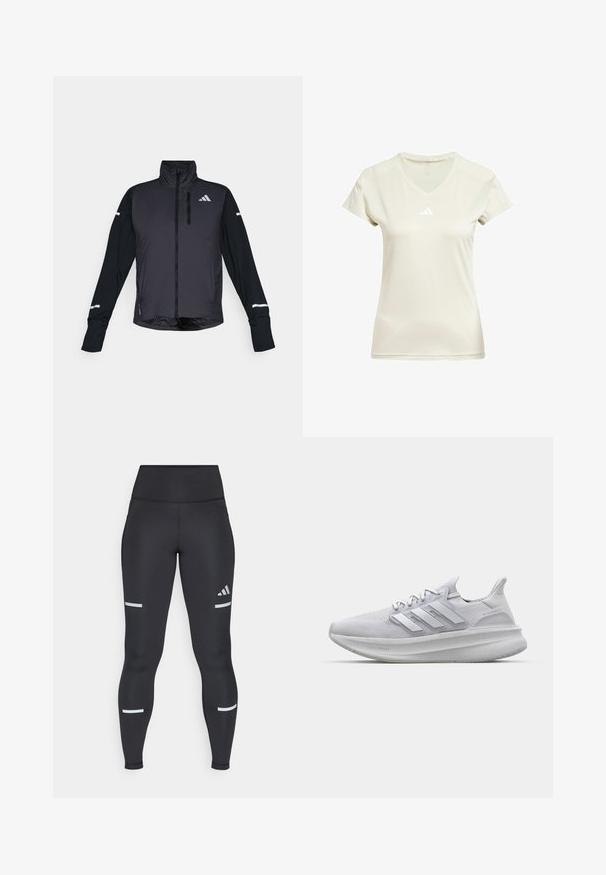 Veste de sport noire avec un col haut, une fermeture éclair à l'avant et des manches longues. Présente un panneau avant brillant, des manches mates contrastantes et des accents réfléchissants.; T-shirt de sport à col en V en tissu beige clair, à manches courtes, avec un logo Adidas blanc sur la poitrine et une texture le long de l'encolure.; Leggings noirs avec une taille haute, fabriqués dans un matériau lisse. Présentent des bandes réfléchissantes blanches près des genoux et un logo Adidas.; Baskets blanches avec une tige en maille texturée, des rayures latérales tridimensionnelles et une semelle épaisse marquée 'LIGHT BOOST'.