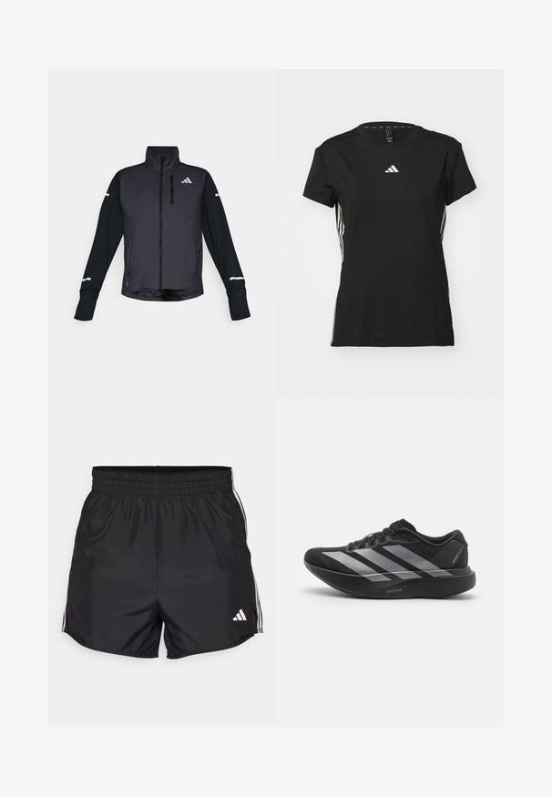 Sort atletisk jakke med høj krave, frontlynlås og lange ærmer. Har en blank forsidedel, kontrasterende matte ærmer og reflekterende detaljer.; Sort athletic t-shirt med korte ærmer, lavet af syntetisk materiale. Har et lille hvidt logo på brystet og hvide striber på siderne.; Sort atletiske shorts med elastisk talje, sideslids og hvide tre-stribes detaljer. Har et lille hvidt logo nederst til højre.; Sort løbesko med sølvstriber, tyk polstret sål mærket "Lightstrike Pro," set fra siden på hvid baggrund.