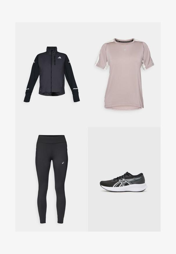 Mustmust mustrideer kõrge krae, esiosa lukuga ja pikaa varrukaga. Omab läikivat esipaneeli, kontrastset mattmustmust ning peegeldavaid detaile.; ASICS FUJITRAIL ELITE TOP - Spordi T-särk - rainstorm grey/cream; ASICS CORE WINTER - Talvepüksid - performance black; Mustad mustrennijalanõud, millel on tekstuuriga pese, valged aktsendid ja pehme valge tall. Külje peal on logo ja paelad.