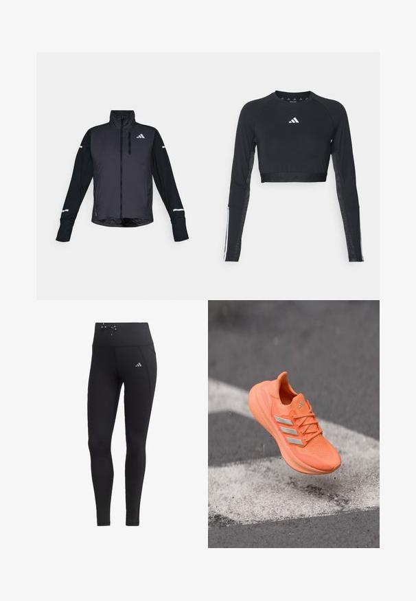 Veste de sport noire avec un col haut, une fermeture éclair à l'avant et des manches longues. Présente un panneau avant brillant, des manches mates contrastantes et des accents réfléchissants.; Haut d'entraînement noir à manches longues et coupé, en tissu lisse. Présente un logo blanc sur la poitrine et des accents rayés sur les manches.; Leggings noirs avec taille haute, cordon de serrage et poches latérales. Fabriqués à partir d'un tissu lisse avec un accent de logo réfléchissant.; Chaussure de sport orange vif avec une tige texturée, des bandes argentées réfléchissantes et une semelle rembourrée, suspendue au-dessus d'une surface grise.