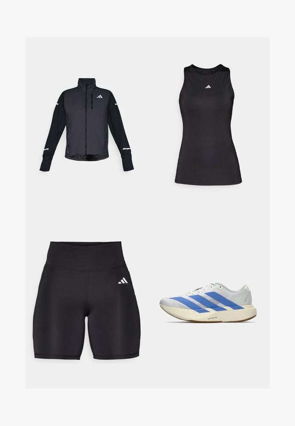 Sort atletisk jakke med høj krave, frontlynlås og lange ærmer. Har en blank forsidedel, kontrasterende matte ærmer og reflekterende detaljer.; Sort ærmeløs atletisk top lavet af glat stof. Har en rund halsudskæring og et lille hvidt Adidas-logo på brystet.; Sorte atletiske shorts lavet af strækbart stof, med en høj talje, en glat tekstur og et hvidt tre-stribe logo på siden.; Hvid løbesko med tre blå striber, lys beige tyk sål mærket "Lightstrike Pro," og hvide snørebånd på en ensfarvet baggrund.