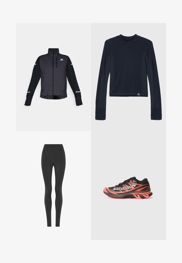 Veste de sport noire avec un col haut, une fermeture éclair à l'avant et des manches longues. Présente un panneau avant brillant, des manches mates contrastantes et des accents réfléchissants.; Haut à manches longues en navy avec une texture côtelée, présentant des accents à pois le long des manches et un col haut. Logo de la marque en bas à gauche.; Leggings noirs taille haute ajustés avec une finition lisse sans motifs ni logos visibles, présentés sur fond blanc.; Chaussure de course noire et orange avec une tige en mesh, un logo distinctif, un design texturé et une semelle rembourrée. Dispose d'un système de laçage intégré.