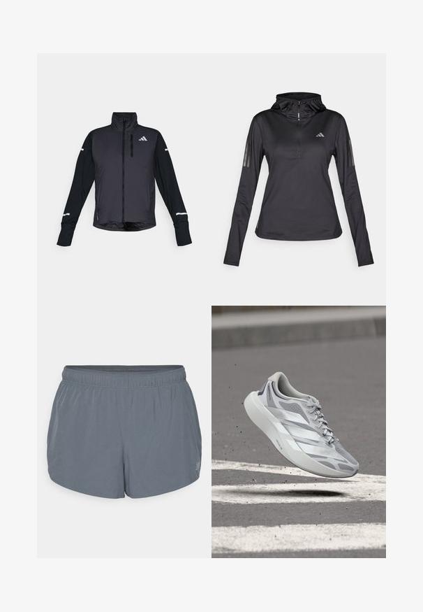 Sort atletisk jakke med høj krave, frontlynlås og lange ærmer. Har en blank forsidedel, kontrasterende matte ærmer og reflekterende detaljer.; Sort langærmet sports hoodie med kvart lynlås, struktureret stof, justerbar hætte og reflekterende striber på ærmerne. Har logo på brystet.; Grå athletic shorts med en blød tekstur, elastisk talje og en let buet kant. Har små perforeringer for åndbarhed.; Lys grå og hvid løbesko i luften over asfalt med hvide vejstriber, der viser et slankt design og en polstret sål.