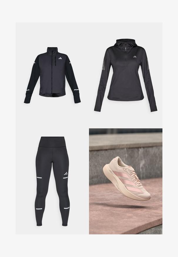 Sort atletisk jakke med høj krave, frontlynlås og lange ærmer. Har en blank forsidedel, kontrasterende matte ærmer og reflekterende detaljer.; Sort langærmet sports hoodie med kvart lynlås, struktureret stof, justerbar hætte og reflekterende striber på ærmerne. Har logo på brystet.; Sorte leggings med høj talje, lavet af glat materiale. Har hvide reflekterende striber nær knæene og et Adidas-logo.; Lyserød sneaker med tre mørkere lyserøde striber og snørebånd, svævende i luften over en stens overflade og trin i baggrunden.