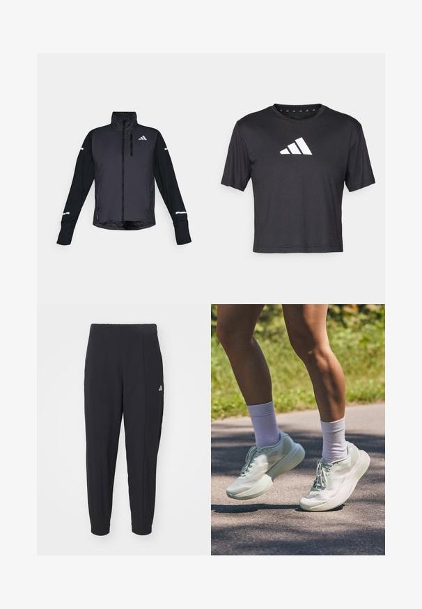 Chaqueta deportiva negra con cuello alto, cremallera frontal y mangas largas. Presenta un panel frontal brillante, mangas mates en contraste y acentos reflectantes.; Camiseta negra cropped de tejido suave, presenta un logo blanco de Adidas en el pecho, cuello redondo y mangas cortas.; Pantalones deportivos negros fabricados con una tela suave. Diseño entallado con puños elásticos. Presenta un pequeño logo blanco en la cadera izquierda.; Zapatillas deportivas de un suave verde menta, con textura lisa, puntera redondeada y suela gruesa. Combinadas con calcetines blancos hasta el tobillo, mostradas en movimiento por un sendero.