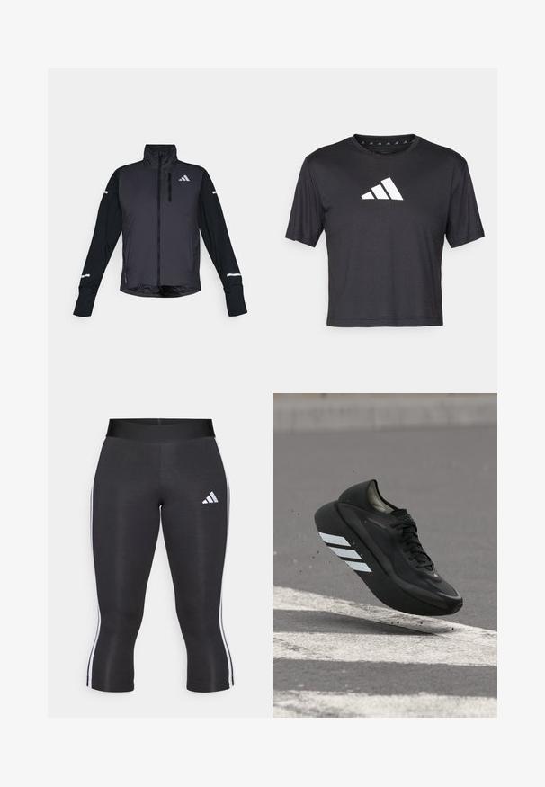 Schwarze Sportjacke mit hohem Kragen, Frontreißverschluss und langen Ärmeln. Verfügt über ein glänzendes Vorderteil, kontrastierende matte Ärmel und reflektierende Akzente.; Schwarzes kurz geschnittenes T-Shirt aus glattem Material, mit einem weißen Adidas-Logo auf der Brust, runder Ausschnitt und kurzen Ärmeln.; Schwarze Capri-Leggings mit breitem Bund, versehen mit weißen seitlichen Streifen und einem weißen Adidas-Logo auf dem linken Oberschenkel. Glatte Textur.; Schwarzer Laufschuh mit weißen Streifen auf der Sohle, schwebt über Asphalt mit weißen Straßenmarkierungen und wirbelt kleine Schmutzpartikel auf.