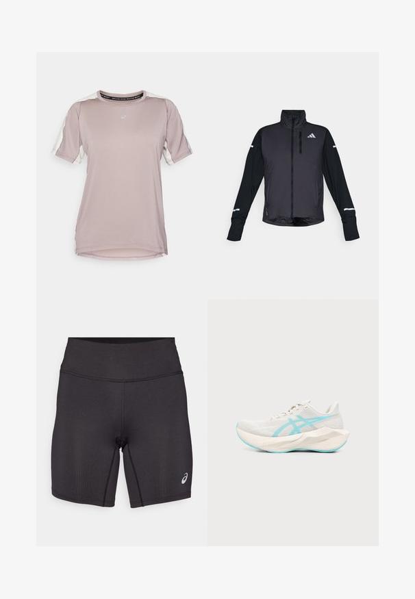 Zwarte sportjack met een hoge kraag, rits aan de voorkant en lange mouwen. Voorzien van een glanzend voorpaneel, contrasterende matte mouwen en reflecterende accenten.; ASICS FUJITRAIL ELITE TOP - Sport T-shirt - rainstorm grey/cream; Zwarte sportieve shorts met een gladde textuur, een aansluitend ontwerp en een hoge tailleband. Voorzien van contrasterende stiksels en een klein logo op het onderbeen.; Lichtbeige hardloopschoen met dikke geometrische zool en lichtblauwe accentlijnen en buitenzool, zijaanzicht tegen een witte achtergrond.