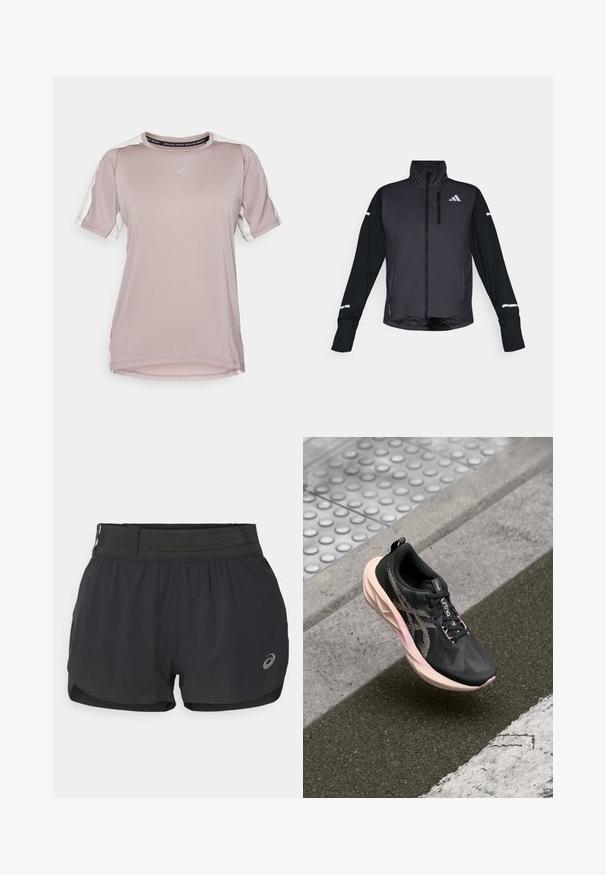 Zwarte sportjack met een hoge kraag, rits aan de voorkant en lange mouwen. Voorzien van een glanzend voorpaneel, contrasterende matte mouwen en reflecterende accenten.; ASICS FUJITRAIL ELITE TOP - Sport T-shirt - rainstorm grey/cream; Zwarte hardloopshorts met een gaasband, met een zachte textuur, een korte lengte en een klein logo aan de onderzijde rechts.; Zwarte hardloopschoen met een gestructureerde gebreide bovenkant, roze zool en reflecterende accenten. Beschikt over platte veters en een gevoerde kraag.