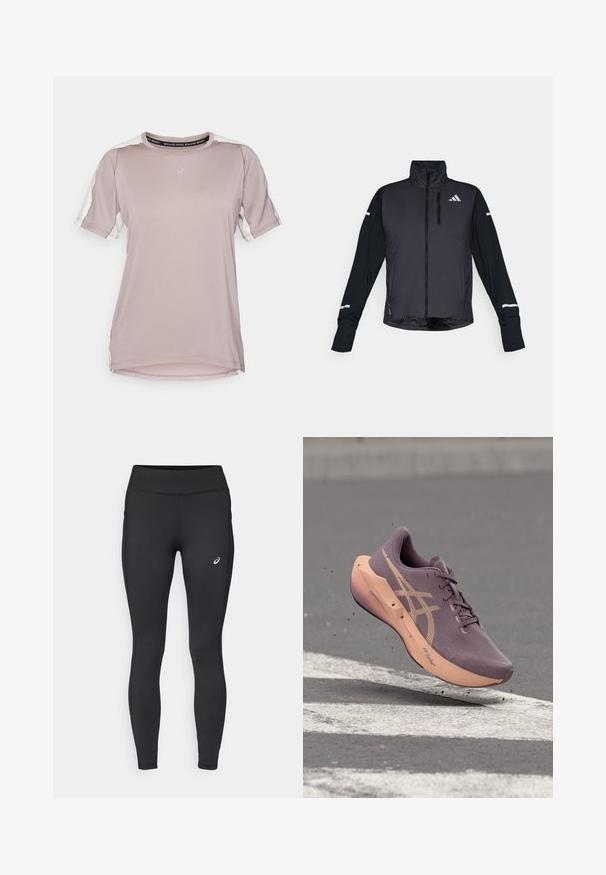 Zwarte sportjack met een hoge kraag, rits aan de voorkant en lange mouwen. Voorzien van een glanzend voorpaneel, contrasterende matte mouwen en reflecterende accenten.; ASICS FUJITRAIL ELITE TOP - Sport T-shirt - rainstorm grey/cream; ASICS CORE WINTER - Winterlegging - performance black; Paarse en perzikkleurige hardloopschoen met label "FF Turbo" in de lucht boven asfalt met witte wegmarkeringen en kleine vuildeeltjes.