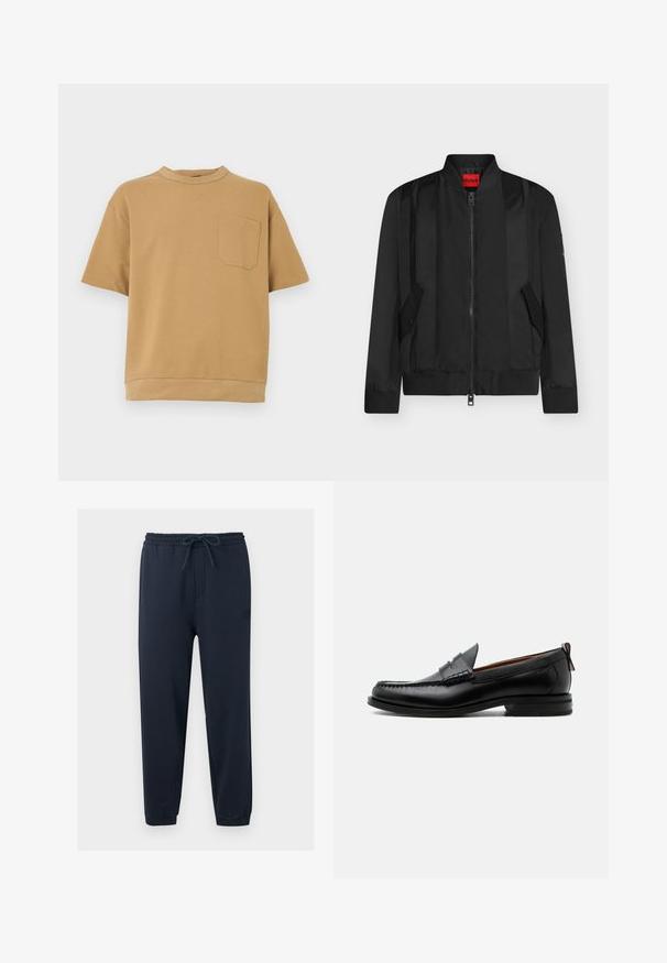 Veste bomber noire avec fermeture éclair devant, col, poignets et ourlet côtelés, deux poches à rabat inclinées, et étiquette de marque rouge HUGO à l’intérieur du col.; T-shirt à manches courtes en coton marron clair, avec un col rond et une poche poitrine unique ornée d'une couture droite.; Pantalon de jogging bleu marine avec ceinture élastique, cordon de serrage ajustable, jambes fuselées et ourlets retroussés.; Mocassin homme en cuir noir avec couture moc toe, bride penny, col texturé et petit talon empilé sur fond blanc.