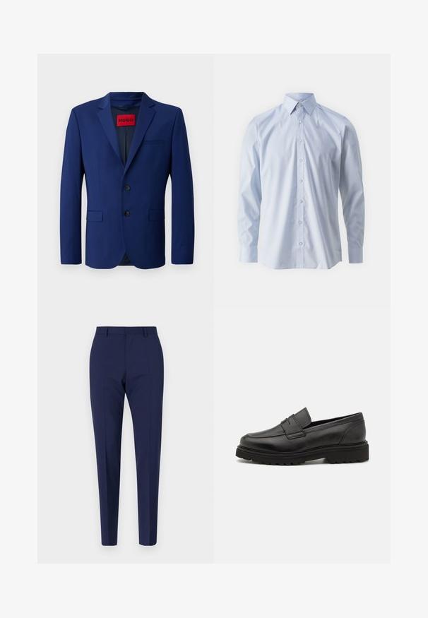 Blazer marine avec fermeture à deux boutons, revers crantés, poches latérales et une étiquette intérieure rouge, confectionné dans un tissu lisse.; Chemise boutonnée à manches longues bleu clair en tissu lisse, dotée d'un col classique et d'une fermeture par boutons sur le devant. Design uni, sans motifs.; Pantalon ajusté bleu marine, avec une coupe slim, présentant une texture lisse, un devant plat et des jambes pliées. Pas de poches visibles ni d'embellissements.; Mocassin en cuir noir avec un bout rond, des détails cousus, et une semelle épaisse et texturée. Présente un design élégant et minimaliste.