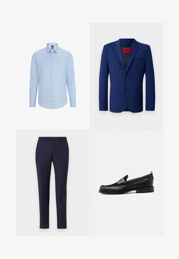 Marineblazer met een knoopsluiting van twee knopen, notch revers, zijzakken en een rode binnenlabel, gemaakt van een gladde stof.; Lichtblauwe, langslijpende overhemD met klassieke kraag, gemaakt van een soepele stof. Voorzien van witte knopen aan de voorkant en cuffs.; Marineblauwe op maat gemaakte broek met een strak ontwerp, platte voorkant, smalle benen en zonder zichtbare bevestigingsmiddelen of patronen. Glad stoffen textuur.; Zwarte leren loafer met grijs riemdetailelement, lage hak en gestructureerde zool, aan de zijkant gebrandmerkt met "HUGO" in goud.