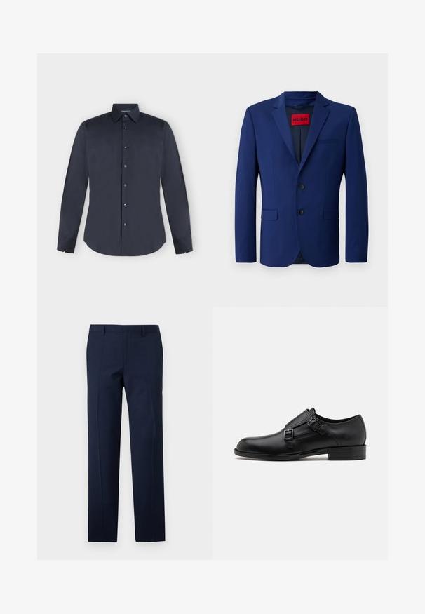Blazer marine avec fermeture à deux boutons, revers crantés, poches latérales et une étiquette intérieure rouge, confectionné dans un tissu lisse.; Chemise habillée pour homme à manches longues, bleu marine foncé, boutonnée, col pointu et poignets boutonnés sur fond gris clair.; Pantalons bleu marine à coupe ajustée, présentant une texture lisse, des plis marqués et un design à plat. Fermeture zippée dissimulée.; Chaussure habillée en cuir noir avec double boucle, silhouette élégante et bout rond. Dispose d'un petit talon et d'une texture lisse.