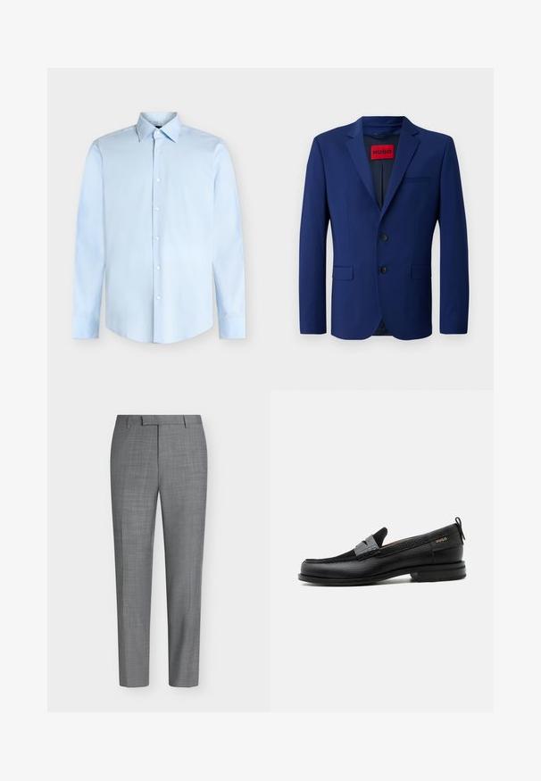 Navy blazer med to-knap lukning, notch lapels, sidelommer og en rød indvendig etiket, lavet af et glat stof.; Lyseblå herreskjorte med lange ærmer, knappelukning foran og spids krave, vist mod en hvid baggrund.; Grå, slanke bukser med et subtilt ternet mønster, bæltestropper og en flad front på en ensfarvet hvid baggrund.; Sort læderloafer med grå remdetalje, lav hæl og tekstureret sål, mærket med "HUGO" i guld på siden.