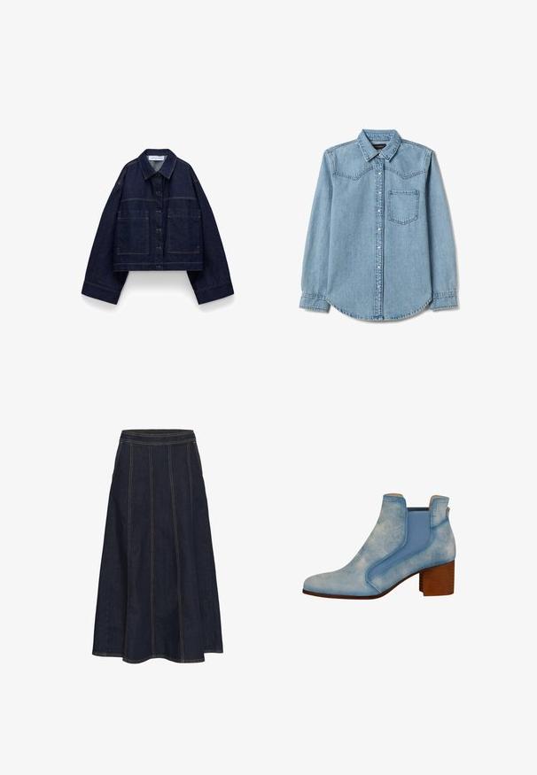 Donkerblauwe cropped spijkerjas met knoopsluiting aan de voorkant, oversized mouwen, twee grote voorzakken en een puntige kraag.; Lichtblauw denimshirt met een puntige kraag, knoopsluiting aan de voorkant, een enkele borstzak en westernstijl biezen.; Donkerdenim A-lijn rok met een brede tailleband, zichtbare stiksels en een uitlopende zoom. Er zijn geen zakken of versieringen aanwezig.; Lichtblauwe enkelboots met een gladde lederen afwerking, elastische zijpanelen en een gestapelde houten hak. Beschikt over een spitse neus ontwerp.