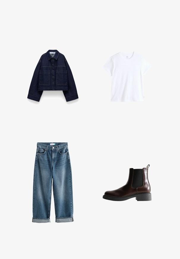 Donkerblauwe cropped spijkerjas met knoopsluiting aan de voorkant, oversized mouwen, twee grote voorzakken en een puntige kraag.; Wit katoenen t-shirt met korte mouwen, ronde hals en rechte zoom. Heeft een klein rood logotag aan de linkeronderzijde.; Blauwe denim boyfriend jeans met omslagen, vooraan knoop- en ritsluiting en zichtbare voorzakken.; Bruine leren enkelboot met elastische zijpanelen, ronde neus en een gestructureerde zwarte rubberen zool. Heeft contrasterende stiksels en een lusje aan de achterkant.