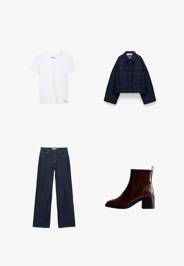 Donkerblauwe cropped spijkerjas met knoopsluiting aan de voorkant, oversized mouwen, twee grote voorzakken en een puntige kraag.; Witte katoenen t-shirt met korte mouwen, een ronde halslijn en een klein zwart logo label aan de onderzijde links. Soepele textuur, standaard pasvorm.; Donkerblauwe jeans met rechte pijpen, voorzakken, riemlussen, knoopsluiting en zichtbare contrasterende stiksels.; Bruin lederen enkellaars met een vierkante neus en zijnaad, een gestapelde hak van 7,5 cm en een lus aan de achterkant voor gemakkelijk aan- en uittrekken.