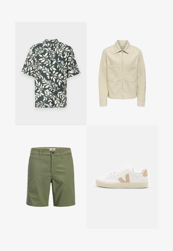 Only & Sons ONSCASSEL - Καλοκαιρινό μπουφάν - ecru; Πουκάμισο με κοντά μανίκια, μαύρο φόντο και λευκό σχέδιο με φυλλώδεις κλαδιά, κλασικό γιακά και κουμπιά μπροστά.; Ανδρικά casual σορτς σε ελιά πράσινο με θηλιές ζώνης, μπροστινό κουμπί, φερμουάρ και μπροστινές τσέπες με σχισμές.; Λευκά αθλητικά παπούτσια με μπεζ λεπτομέρειες, ομαλή δερματίνη, στρογγυλή μύτη, επίπεδη καουτσούκ σόλα και δέσιμο μπροστά με λογότυπο στη φτέρνα.