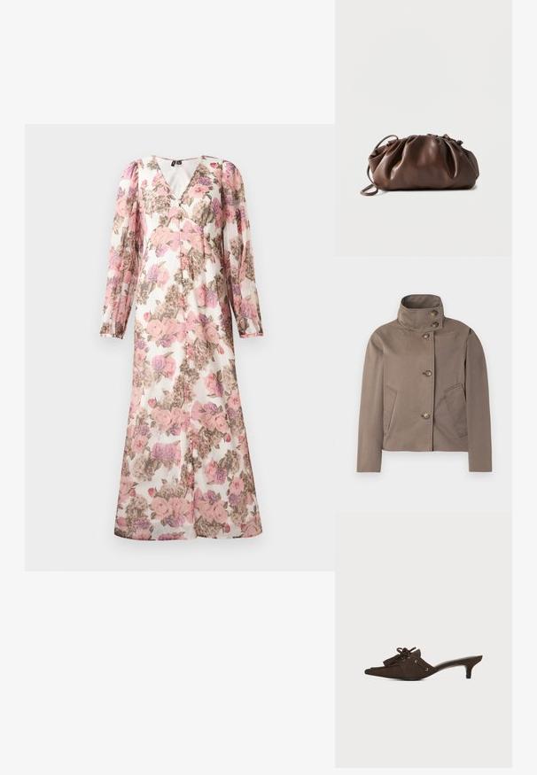 Taupe-brun jakke med høj krave, fire knapper foran og to skrå sidelommer.; Lang blomsterkjole med pink, lilla og beige blomster, lange pufærmer, V-halsudskæring og knaplukning foran.; Brun ruskind mule-sko med spids tå, lav kittenhæl, snøring med sløjfe og kvastdetaljer på hvid baggrund.; Blød brun læderpung med samlet top og tynd strop, hvilende på hvid baggrund.