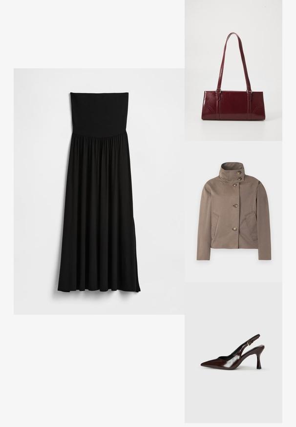 Taupebraune Jacke mit hohem Kragen, vier Knöpfen vorne und zwei schrägen Seitentaschen.; Schwarzes trägerloses Maxikleid mit dehnbarem Oberteil, gerafftem Rock, glatter Textur und fließender Silhouette mit Seitenschlitzen.; Braune lackleder Slingback-Absätze mit spitzem Zehen, einem dünnen Absatz und einem verstellbaren Riemen mit einer kleinen Schnalle.; Burgunderfarbene Handtasche aus glänzendem Material, rechteckige Form, mit zwei Schulterriemen und subtilen, geschwungenen Akzenten an der Vorderseite.