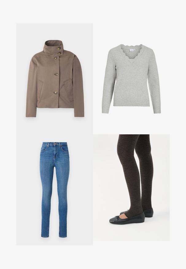 Chaqueta marrón topo con cuello alto, cuatro botones delanteros y dos bolsillos laterales en ángulo.; Suéter gris claro de manga larga y escote en V. Presenta detalles con borde festoneado y una textura de punto suave. Diseño minimalista.; Jeans ajustados en denim azul medio, con una cintura alta, diseño clásico de cinco bolsillos, ligero desgaste y una textura suave.; Piernas con leggings oscuros acanalados combinados con bailarinas negras que presentan pequeños detalles de lazo sobre un fondo blanco.