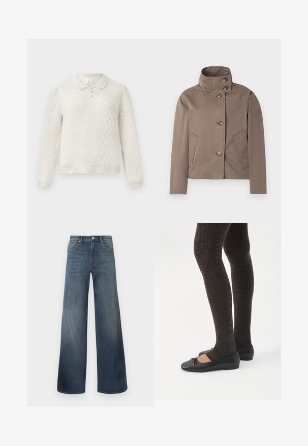 Veste marron taupe à col montant, quatre boutons sur le devant et deux poches latérales inclinées.; Pull en tricot couleur crème avec motif en losanges, manches longues, ourlet festonné et col à trois boutons.; Jeans en denim à jambes larges de couleur bleu foncé, avec une finition déchirée, fermeture à bouton et style à cinq poches. Texture lisse, détails de couture minimalistes.; Jambes portant des leggings côtelés foncés associés à des ballerines noires avec de petits détails en nœud sur fond blanc.