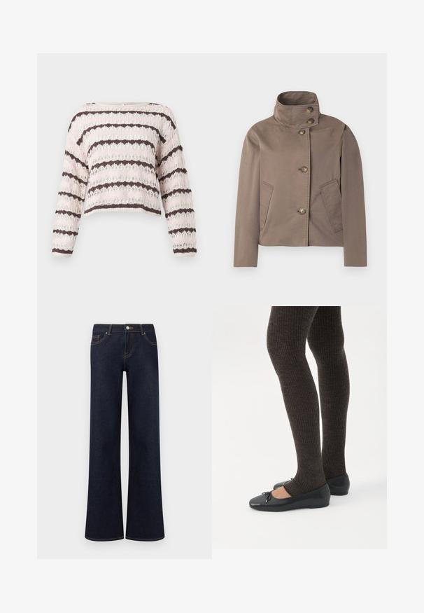 Veste marron taupe à col montant, quatre boutons sur le devant et deux poches latérales inclinées.; Pull en maille crochetée avec manches longues et rayures horizontales rose, blanc et marron foncé, présentant un motif ajouré lâche.; Jean en denim bleu foncé à jambes larges avec poches avant, fermeture par bouton et fermeture éclair, et coutures contrastantes visibles.; Jambes portant des leggings côtelés foncés associés à des ballerines noires avec de petits détails en nœud sur fond blanc.
