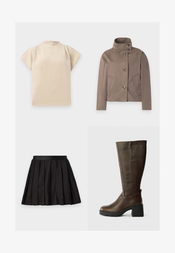 Veste marron taupe à col montant, quatre boutons sur le devant et deux poches latérales inclinées.; Haut beige à manches courtes avec un col montant et une coupe décontractée. Texture lisse avec un léger drapé au niveau des épaules. Design simple et minimaliste.; Jupe plissée noire avec une large ceinture, design évasé et plis verticaux espacés de manière uniforme, posée à plat sur un fond gris clair.; Bottine en cuir marron jusqu'au genou avec un talon épais noir et une finition texturée. Présente un bout rond et des détails de couture latérale subtils.
