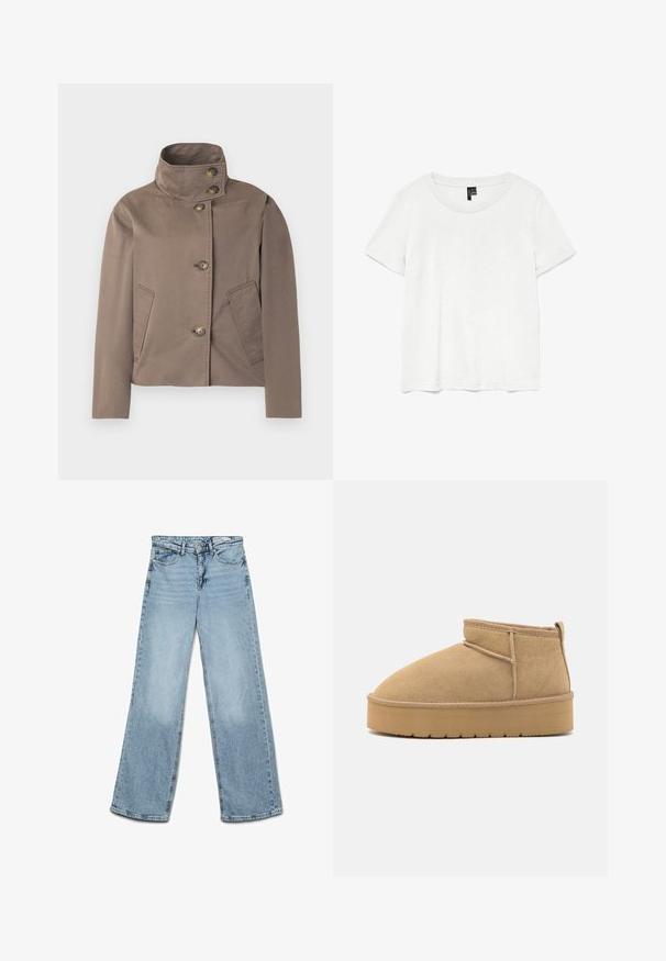 Taupe-brun jakke med høj krave, fire knapper foran og to skrå sidelommer.; Hvid kortærmet t-shirt med rund halsudskæring, lavet af letvægtsstof. Enkel design, glat tekstur og lige kant.; Lyseblå højtaljede jeans med vide ben, knap- og lynlås-lukning, for- og baglommer samt bæltestropper.; Beige suede ankelstøvler med rund tå, minimale syninger og en lysebrun gummisål med et tekstureret mønster.