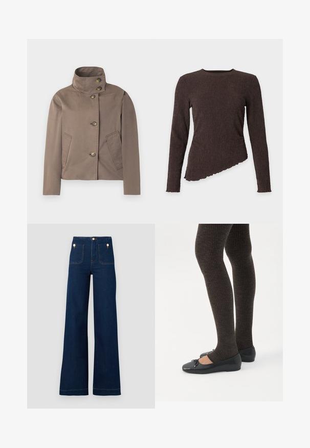 Taupe brown jacket with high collar, four front buttons, and two angled side pockets.; Long-sleeve dark brown ribbed top with round neckline and asymmetric hem with scalloped edges on plain background.; Dark blue wide-leg jeans with high waist, gold button accents, two front and back pockets, and contrasting stitch details. Textured denim fabric.; Legs wearing dark ribbed leggings paired with black ballet flats featuring small bow details on a white background.