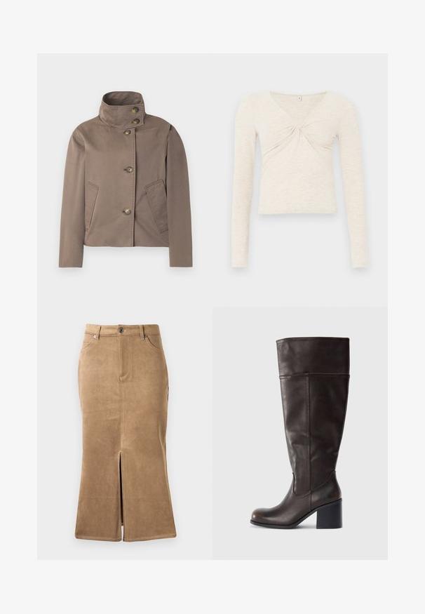 Taupe-brun jakke med høj krave, fire knapper foran og to skrå sidelommer.; Creme langærmet top lavet af blødt, tekstureret stof. Har en V-udskæring og en twist-detalje i midten. Forkortet design.; Brun ruskind midi-skirt med slids foran, kontrasterende syninger og fem-lomme design. Glat tekstur og tætsiddende facon.; Brun læder knæhøj støvle med rund tå og stablet hæl. Har en glat tekstur og sidelægning som detalje.