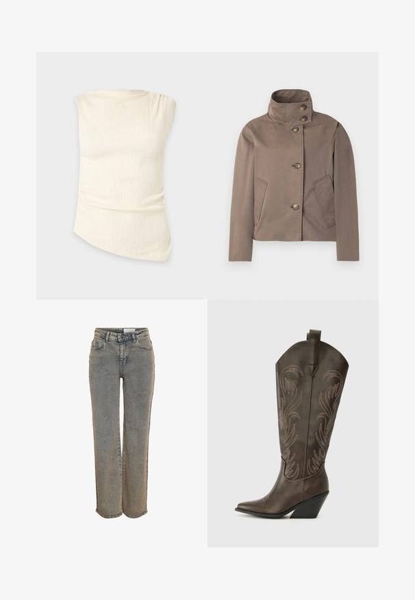 Veste marron taupe à col montant, quatre boutons sur le devant et deux poches latérales inclinées.; Haut sans manches de couleur crème avec un tissu texturé et un ourlet légèrement asymétrique, affiché sur un fond clair uni.; Jean en denim gris délavé à jambes droites, avec poches avant, passants pour ceinture et fermeture à bouton et glissière à la taille.; Botte de cowboy en cuir marron avec un embout pointu, un talon compensé et des broderies décoratives. Dispose d'un long tige et d'une languette de tirage.