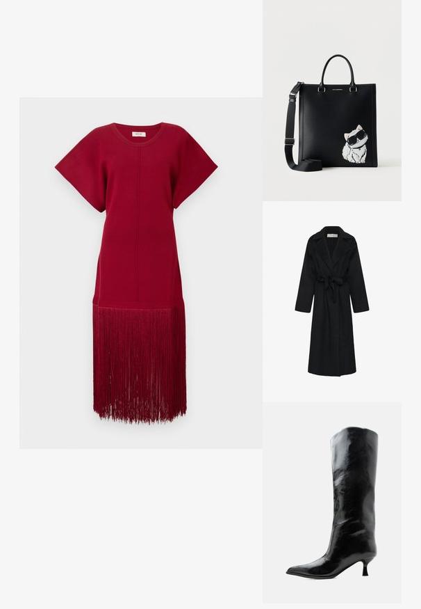 Schwarzer langer Mantel aus weichem Stoff, mit schmalem Kragen, tailliertem Bund und weiten Ärmeln. Minimalistisches Design ohne sichtbare Verschlüsse.; Rotes Strickkleid mit kurzen Ärmeln und lockerer Passform, das einen langen Fransenbesatz am Saum aufweist. Glatte Textur und einfarbig.; Schwarzer glänzender kniehoher Lederstiefel mit spitzer Spitze und niedrigem, gebogenem Absatz auf einfachem hellem Hintergrund.; Schwarze Leder-Tote-Bag mit oberen Griffen, abnehmbarem Schulterriemen und einer Grafik einer weißen Katze mit Sonnenbrille in der unteren rechten Ecke.