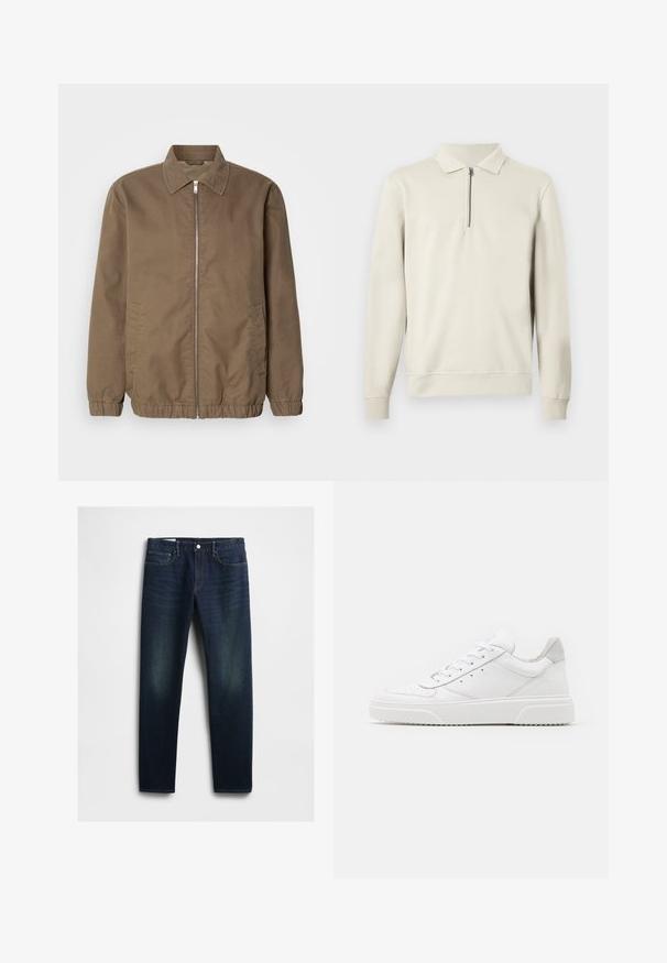 Ruskea vetoketjullinen takki, jossa on kauluspaita, sivutaskut, joustavat hihat ja sileä kangas. Klassinen, minimalistinen muotoilu.; Beige pitkähihaine neulepaita, jossa on röyhelökaulus, hihansuut ja helma. Paidassa on lyhyt vetoketju kauluksen alapuolella.; Tumma sininen farkkukangas, suoran leikkauksen housut, joissa on viisi taskua, nappisulku ja hieno haalistuminen reisissä. Klassinen ompeluyksityiskohta.; Valkoiset nahkakengät, joissa on sileä pinta, pyöreä kärki, litteät nauhat ja teksturoitu pohja. Harmaa mokkanahka korostaa kantapäätä.