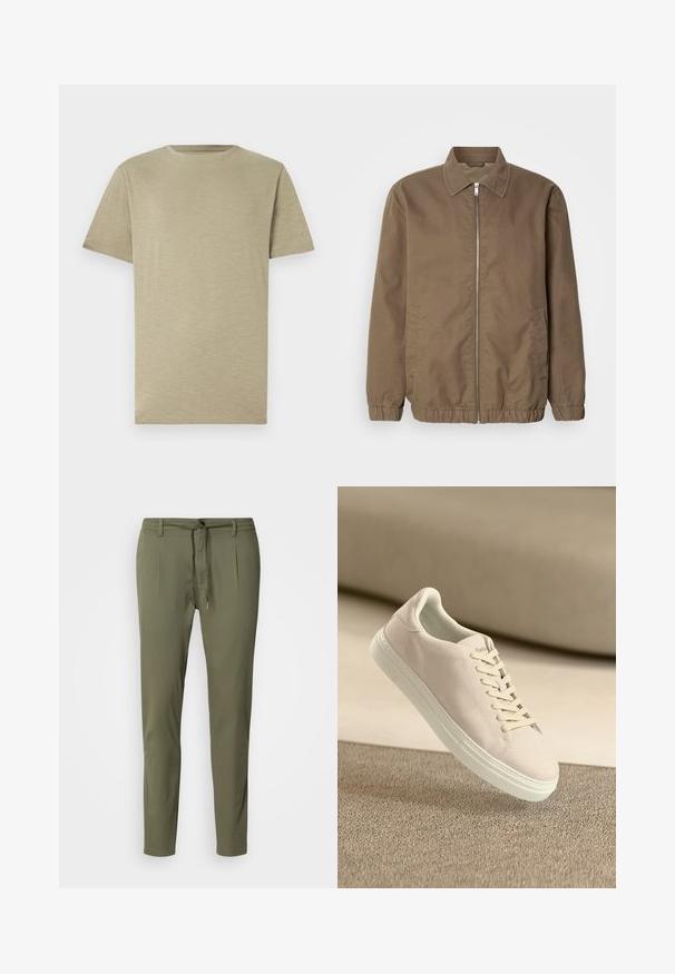 Hnedá bunda na zips s golierom, bočnými vreckami, elastickými manžetami a hladkou textúrou látky. Klasický, minimalistický dizajn.; Svetlo khaki tričko, krátke rukávy, okrúhly výstrih, mäkká textúra, hladká látka, bez vzorov alebo ozdôb, rovný strih, neutrálna farba.; Olivové nohavice z ľahkého materiálu, s pásom na šnúrku, dvoma prednými záhybmi a zúženým strihom. Hladká textúra.; Beige semišové tenisky s bielou podrážkou a tkaničkami, zobrazené vo vzduchu nad textúrovaným béžovým kobercom proti jemnému béžovému pozadiu.