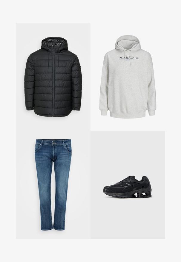 Chaqueta acolchada negra con capucha, que presenta un patrón acolchado, cierre frontal con cremallera, ajustes con cordón y puños elásticos para un ajuste ceñido.; Sudadera con capucha en gris claro, con cordones y el diseño "JACK & JONES" impreso en el pecho en texto azul oscuro y claro.; Jeans de denim azul con un diseño de pierna recta, que cuentan con bolsillos frontales, cremallera y un ligero desgaste. Estilo clásico con un acabado de lavado medio.; Zapatilla deportiva negra con parte superior de malla, cuello acolchado y tecnología de amortiguación prominente en el talón. Presenta detalles texturizados y cordones.