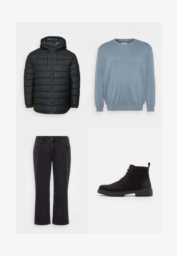 Schwarze Steppjacke mit Kapuze, mit einem gesteppten Muster, Reißverschluss vorne, Kordelzug zur Anpassung und elastischen Bündchen für eine eng anliegende Passform.; Helles blaues Sweatshirt aus Strickstoff, mit rundem Halsausschnitt und gerippten Bündchen und Saum. Einfaches Design mit einer weichen Textur.; Schwarze Denim-Breitbein-Jeans mit geradem Schnitt, fünf Taschen, Frontknopfverschluss und kontrastierendem Stichdetail.; Schwarze Wildleder-Ankle-Boots mit runder Zehenpartie, Schnürdesign, Gummisohle mit Profil und einer Lasche an der Ferse für einfaches Anziehen.