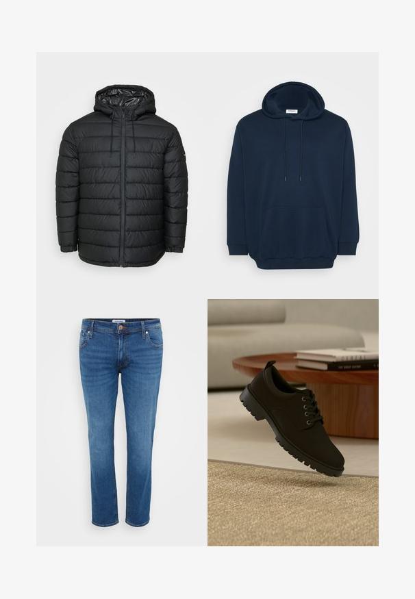 Schwarze Steppjacke mit Kapuze, mit einem gesteppten Muster, Reißverschluss vorne, Kordelzug zur Anpassung und elastischen Bündchen für eine eng anliegende Passform.; Navyblauer Hoodie aus Baumwollmischung mit einer Kapuze zum Schnüren, vorderer Kängurutasche, gerippten Bündchen und einem lässigen Schnitt.; Jeans aus Denim in einem mittleren Blauton, mit einem geraden Bein Design, fünf Taschen-Stil und einem Knopfverschluss an der Taille.; Schwarzer Leder-Schnürschuh mit klobiger Sohle, der über einem beigen Teppich in einem minimalistischen Wohnzimmer schwebt