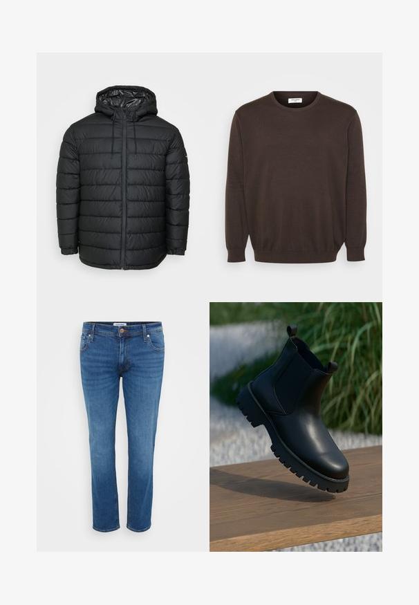 Schwarze Steppjacke mit Kapuze, mit einem gesteppten Muster, Reißverschluss vorne, Kordelzug zur Anpassung und elastischen Bündchen für eine eng anliegende Passform.; Brauner Strickpullover mit Rundhalsausschnitt, langen Ärmeln sowie gerippten Bündchen und Saum. Glatte Stoffoberfläche, klassisches Design ohne Verzierungen.; Jeans aus Denim in einem mittleren Blauton, mit einem geraden Bein Design, fünf Taschen-Stil und einem Knopfverschluss an der Taille.; Schwarze Leder-Ankle-Boots mit elastischen Seiteneinsätzen, runder Zehenpartie und grober Laufsohle, auf einer Holzoberfläche präsentiert.