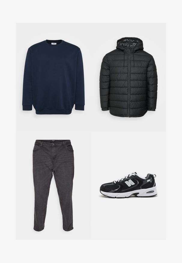 Sort dunjakke med hætte, med quiltet mønster, lynlåslukning foran, snøresystem og elastiske manchetter for en tætsiddende pasform.; Marineblå sweatshirt lavet af blød bomuldsblanding, med rund hals, lange ærmer og ribbede manchetter og kant. Minimalistisk design uden mønstre.; Sorte denim jeans med lige ben, der har en knaplukning, sidelommer og subtile falmninger, hvilket giver et klassisk udseende.; Sorte og grå sportssko med mesh og ruskind på overdelen, der har en hvid mellemsål, snørebånd og et iøjnefaldende "N" logo på siden.