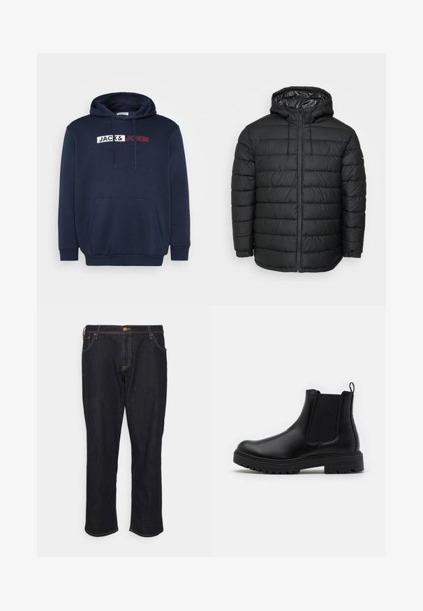 Zwarte pufferjas met capuchon, voorzien van een doorgestikt patroon, ritssluiting aan de voorkant, koordjes voor aanpassing en elastische manchetten voor een strakke pasvorm.; Marineblauwe hoodie met een kangoeroezak, trekkoordcapuchon en een wit/rood bedrukt logo met de tekst "JACK & JONES" over de borst.; Jack & Jones JJICHRIS JJORIGINAL - Relaxed fit jeans - blue denim; Zign LEATHER - Lage laarzen - black