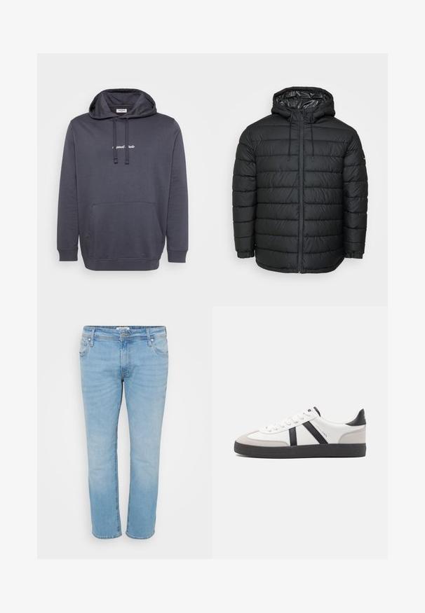 Schwarze Steppjacke mit Kapuze, mit einem gesteppten Muster, Reißverschluss vorne, Kordelzug zur Anpassung und elastischen Bündchen für eine eng anliegende Passform.; Dunkelgrauer Kapuzenpullover mit vorderer Kängurutasche, Kapuze mit Kordelzug und kleinem weißen Text, der auf der Brust zentriert ist.; Helleblaue Denim-Jeans mit geradem Bein, fünf Taschen, subtilen Verblassungen und einem Knopfverschluss. Gepunktete Details an den Taschen.; Weiße Sneaker mit schwarz- und grau-aczenten, ausgestattet mit einer strukturierten grauen Zehenkappe, schwarzer Gummi-Sohle und flachen weißen Schnürsenkeln. Sauberes Design, minimalistische Stil.