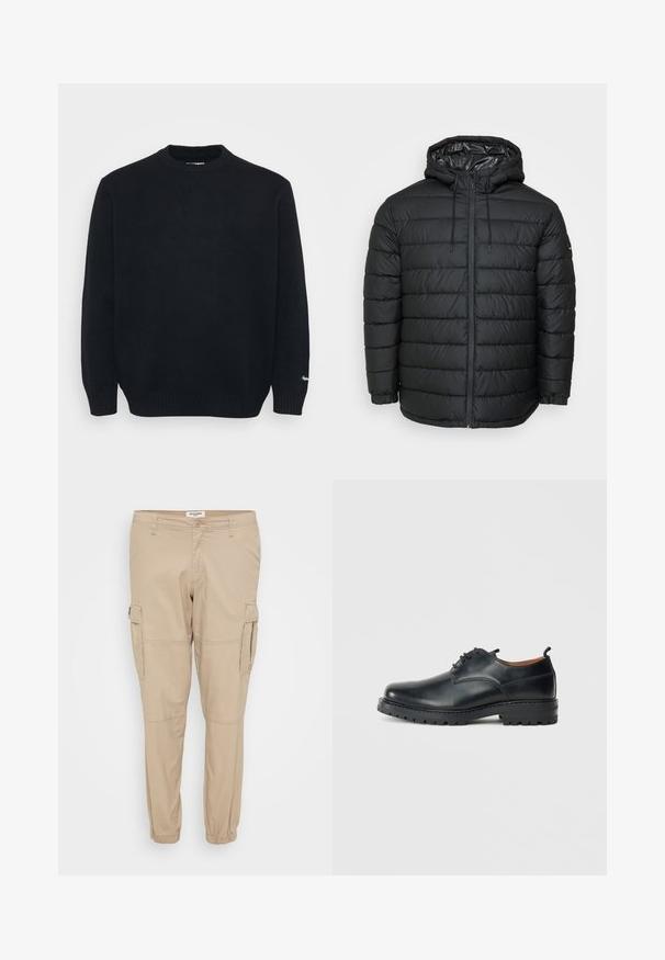 Chaqueta acolchada negra con capucha, que presenta un patrón acolchado, cierre frontal con cremallera, ajustes con cordón y puños elásticos para un ajuste ceñido.; Suéter negro de punto con cuello redondo, de mangas largas y puños y dobladillo acanalados, exhibido sobre un fondo claro y liso.; Pantalones cargo beiges hechos de tejido ligero, con piernas cónicas, puños elásticos y bolsillos laterales con cierres de solapa para mayor utilidad.; Zapatos derby de cuero negro con una textura suave, punta redondeada, diseño de cordones y una suela de goma gruesa y resistente.