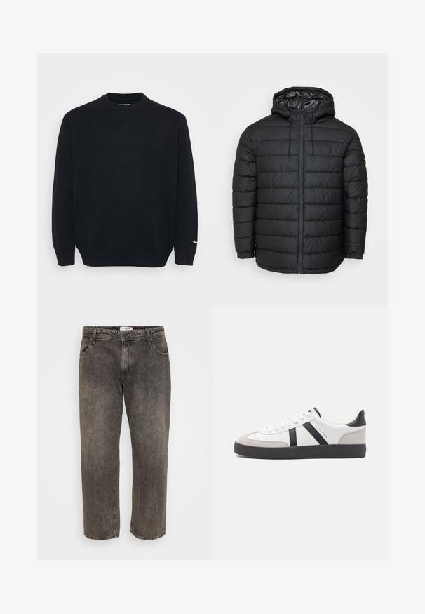 Sort dunjakke med hætte, med quiltet mønster, lynlåslukning foran, snøresystem og elastiske manchetter for en tætsiddende pasform.; Sort strikket crewneck sweater med lange ærmer og ribbede manchetter og kant, præsenteret på en ensfarvet lys baggrund.; Sorte falmede jeans med lige ben, foran knap- og lynlås-lukning, forlommer og bæltestropper.; Hvide sneakers med sorte og grå detaljer, med en tekstureret grå tåhætte, sort gummisål og flade hvide snørebånd. Rent design, minimalistisk stil.