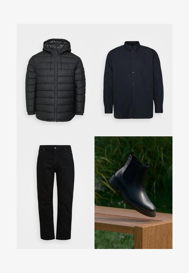 Veste matelassée noire avec capuche, présentant un motif matelassé, fermeture éclair frontale, ajustements par cordon de serrage et poignets élastiques pour un ajustement parfait.; Chemise noire à manches longues en coton, dotée d'un col classique et de sept boutons à l'avant. Texture lisse, sans motifs notables.; Jean noir en coton, avec une coupe classique, un design à cinq poches et un bouton métallique. Texture lisse avec des jambes droites.; Bottine en cuir noir avec des panneaux latéraux en élasthanne flottant au-dessus d'un banc en bois, arrière-plan de feuillage vert.