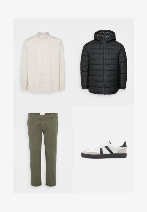 Veste matelassée noire avec capuche, présentant un motif matelassé, fermeture éclair frontale, ajustements par cordon de serrage et poignets élastiques pour un ajustement parfait.; Chemise à manches longues en coton beige clair. Dotée d'un col classique, d'une fermeture à boutons sur toute la longueur et de poignets à boutons. Texture lisse.; Chinos vert olive avec une coupe droite, fabriqués en coton avec une légère texture, dotés d'une fermeture à bouton et de passants de ceinture.; Baskets blanches avec des accents noirs et gris, présentant un embout texturé gris, une semelle en caoutchouc noir et des lacets plats blancs. Design épuré, style minimaliste.