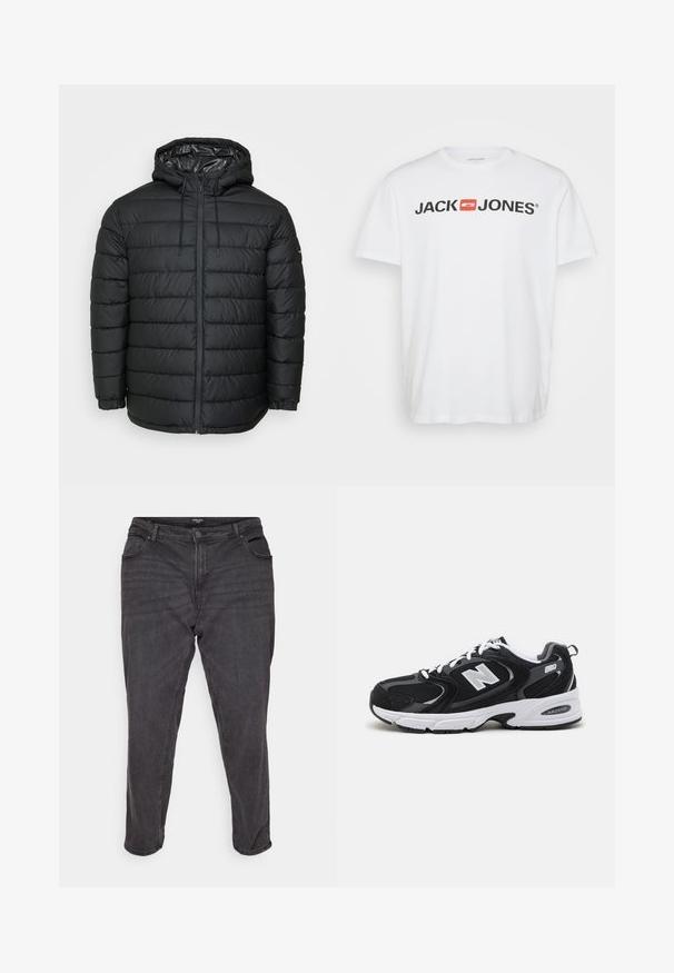 Schwarze Steppjacke mit Kapuze, mit einem gesteppten Muster, Reißverschluss vorne, Kordelzug zur Anpassung und elastischen Bündchen für eine eng anliegende Passform.; Weißes Baumwoll-T-Shirt mit dem schwarzen "JACK & JONES" Logo und einem roten rechteckigen Akzent. Kurze Ärmel und Rundhalsausschnitt. Glatte Textur.; Schwarze Denim-Jeans mit geradem Schnitt, ausgestattet mit einem Knopfverschluss, seitlichen Taschen und dezenten Verwaschungen, die einen klassischen Look verleihen.; Schwarze und graue Sportschuhe mit Obermaterial aus Mesh und Wildleder, ausgestattet mit einer weißen Zwischensohle, Schnürsenkeln und einem markanten "N"-Logo an der Seite.