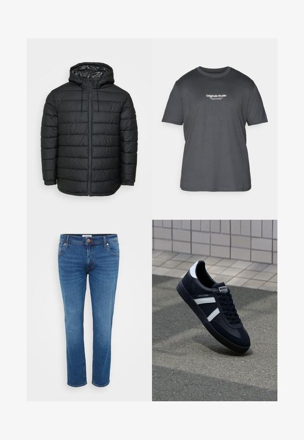 Schwarze Steppjacke mit Kapuze, mit einem gesteppten Muster, Reißverschluss vorne, Kordelzug zur Anpassung und elastischen Bündchen für eine eng anliegende Passform.; Jack & Jones Plus Size Printed - T-Shirt print - forest river; Jeans aus Denim in einem mittleren Blauton, mit einem geraden Bein Design, fünf Taschen-Stil und einem Knopfverschluss an der Taille.; Schwarze Leder-Sneaker mit weißen Streifen, strukturiertem Gummisohle und Schnürung. Verfügt über ein Markenetikett auf der Zunge.
