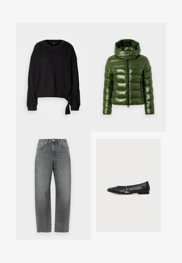 Rohelise läikiva viimistlusega puffertagi, millel on kõrge krae, horisontaalne tikandiga muster ja kaks tõmblukuga küljetaskut.; Must mustrastik, pehmest kangast valmistatud must cropped-sweatshirt ümmarguse kaelusega, pikkade varrukatega ja küljepeenuse detailiga, mis lisab disaini. Rinnal diskreetne logo.; Hallid teksapüksid on sirge säärega, klassikalise viie tasku disainiga ja metallist nööbiga esiküljel.; Mustast nahast baleriinaking, mille küljel on väike kuldne pannaldetail, madal konts ja ümar ninaosa, profiilis valgel taustal.