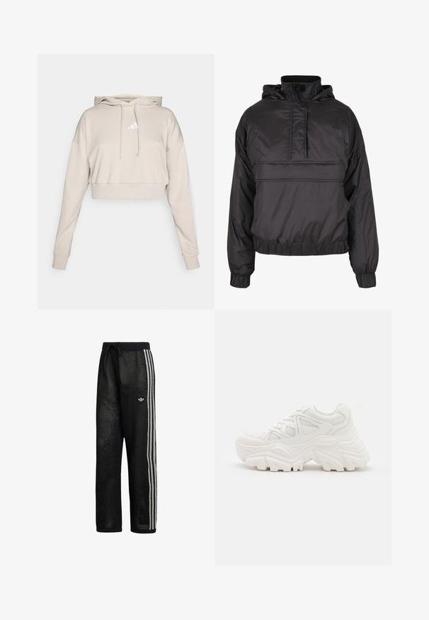 Schwarze Kapuzenjacke aus leichtem, glänzendem Material. Verfügt über einen halben Reißverschluss vorne, elastische Bündchen und einen Saum mit elastischem Besatz.; Hellbeige, kurz geschnittenes Sweatshirt mit Kapuze, das ein weißes, dreieckiges Logo und weiße Seitenstreifen aufweist. Hergestellt aus weichem, strukturiertem Stoff.; Schwarze, locker sitzende Sporthose aus Netzstoff mit kontrastierenden weißen Seitenstreifen und einem gestickten Logo am linken Oberschenkel. Elastischer Bund.; Weiße klobige Sneakers mit strukturiertem Obermaterial, Mesh-Einsätzen und dicken Gummisohlen mit markantem Profil. Inklusive Schnürsenkeln und Zuglasche.